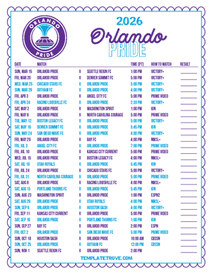 Orlando Pride 2026
 Printable Soccer Schedule - Pacific Times