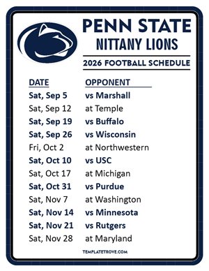 Penn State Nittany Lions Football 2026
 Printable Schedule