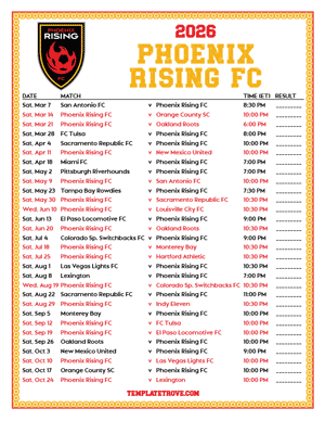   Phoenix Rising FC 2026
 Printable Soccer Schedule