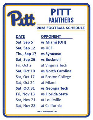 Pitt Panthers Football 2026
 Printable Schedule