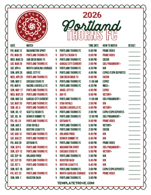 Portland Thorns FC 2026
 Printable Soccer Schedule - Mountain Times