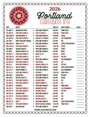 Portland Thorns FC 2026
 Printable Soccer Schedule