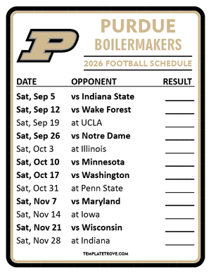 Purdue Boilermakers Football 2026
 Printable Schedule  - Style 2