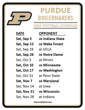 Purdue Boilermakers Football 2026
 Printable Schedule