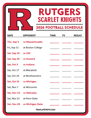 Rutgers Scarlet Knights Football 2026
 Printable Schedule - Style 3