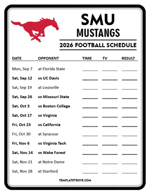 SMU Mustangs Football 2026
 Printable Schedule - Style 4