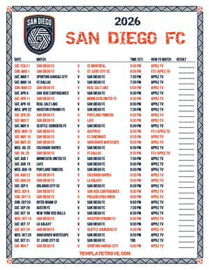 San Diego FC 2026
 Printable Soccer Schedule - Central Times
