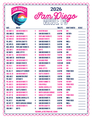 San Diego Wave FC 2026
 Printable Soccer Schedule - Pacific Times
