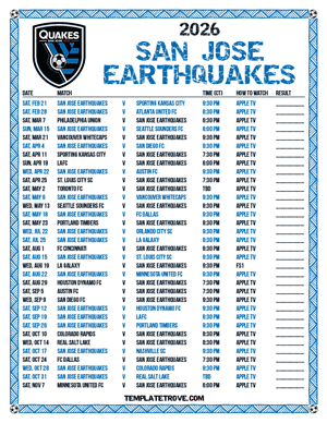 San Jose Earthquakes 2026
 Printable Soccer Schedule - Central Times