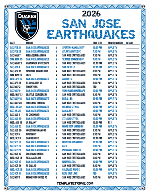 San Jose Earthquakes 2026
 Printable Soccer Schedule