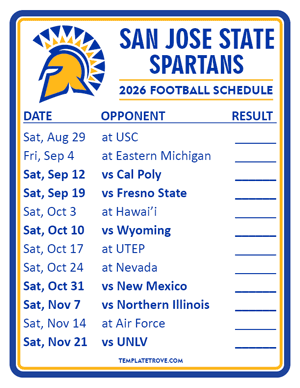 San Jose State Spartans Football 2026
 Printable Schedule  - Style 2