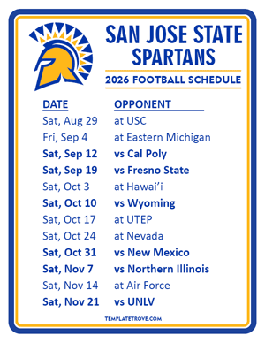 San Jose State Spartans Football 2026
 Printable Schedule