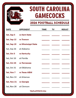 South Carolina Gamecocks Football 2026
 Printable Schedule - Style 3