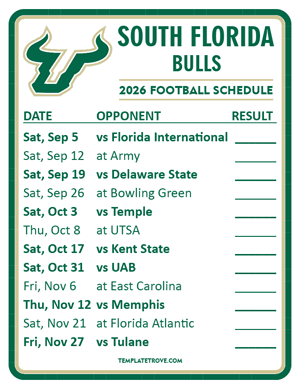 South Florida Bulls Football 2026
 Printable Schedule  - Style 2