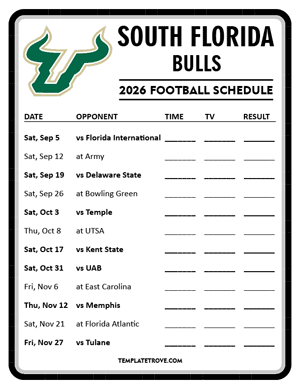 South Florida Bulls Football 2026
 Printable Schedule - Style 4
