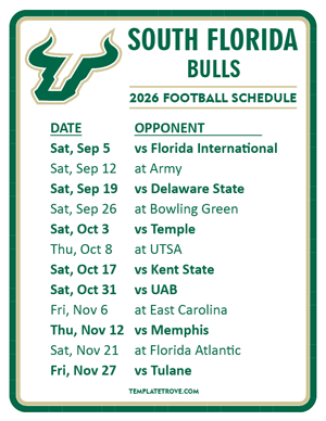 South Florida Bulls Football 2026
 Printable Schedule