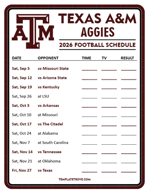 Texas A&M Aggies Football 2026
 Printable Schedule - Style 3