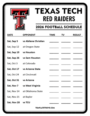 Texas Tech Red Raiders Football 2026
 Printable Schedule - Style 4