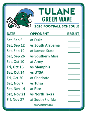 Tulane Green Wave Football 2026
 Printable Schedule  - Style 2