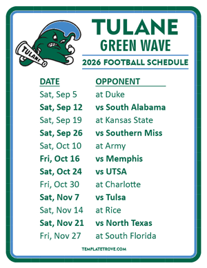 Tulane Green Wave Football 2026
 Printable Schedule