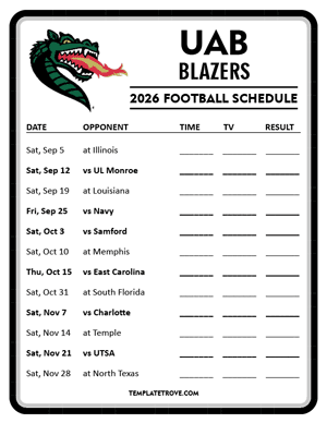 UAB Blazers
 Football 2026
 Printable Schedule - Style 4