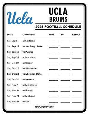 UCLA Bruins Football 2026
 Printable Schedule - Style 4