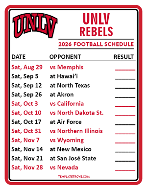 UNLV Rebels Football 2026
 Printable Schedule  - Style 2