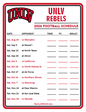 UNLV Rebels Football 2026
 Printable Schedule - Style 3