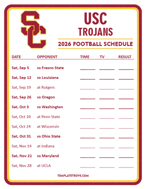USC Trojans Football 2026
 Printable Schedule - Style 3