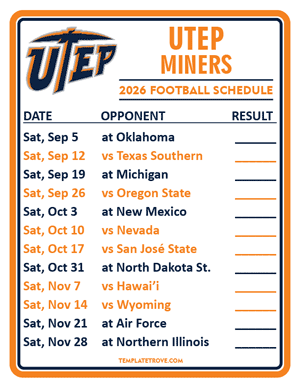 UTEP Miners Football 2026
 Printable Schedule  - Style 2