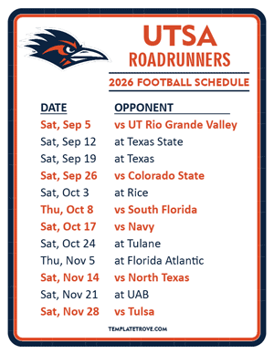 UTSA Roadrunners

 Football 2026
 Printable Schedule