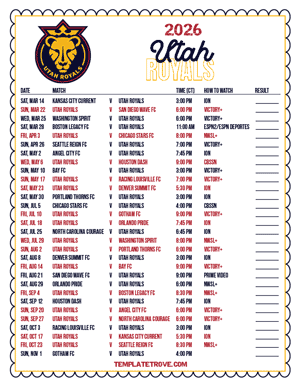Utah Royals 2026
 Printable Soccer Schedule - Central Times