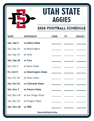 Utah State Aggies Football 2026
 Printable Schedule - Style 3
