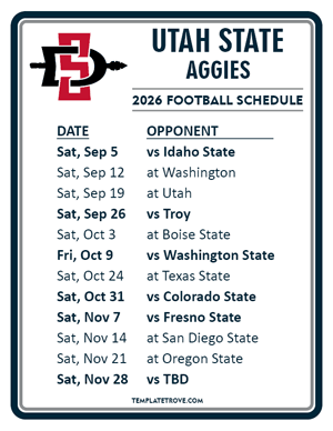 Utah State Aggies Football 2026
 Printable Schedule