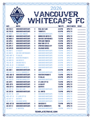 Vancouver Whitecaps FC 2026
 Printable Soccer Schedule - Pacific Times