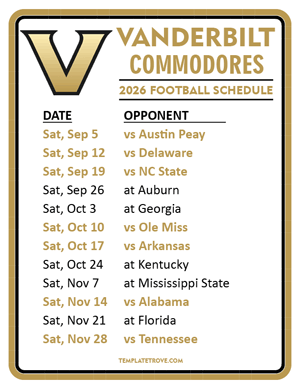 Vanderbilt Commodores Football 2026
 Printable Schedule