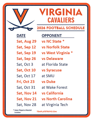 Virginia Cavaliers Football 2026
 Printable Schedule