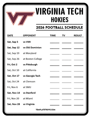 Virginia Tech Hokies Football 2026
 Printable Schedule - Style 4