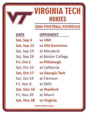 Virginia Tech Hokies Football 2026
 Printable Schedule