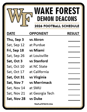 Wake Forest Demon Deacons Football 2026
 Printable Schedule  - Style 2