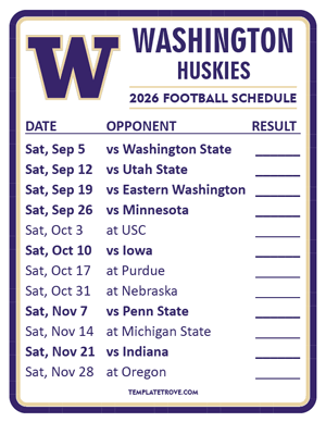 Washington Huskies Football 2026
 Printable Schedule  - Style 2