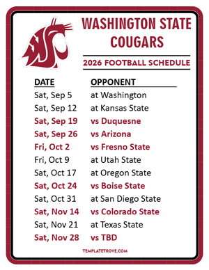 Washington State Cougars Football 2026
 Printable Schedule
