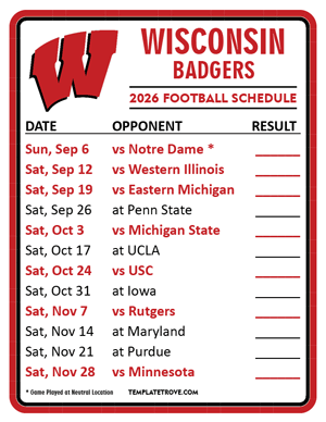 Wisconsin Badgers Football 2026
 Printable Schedule  - Style 2