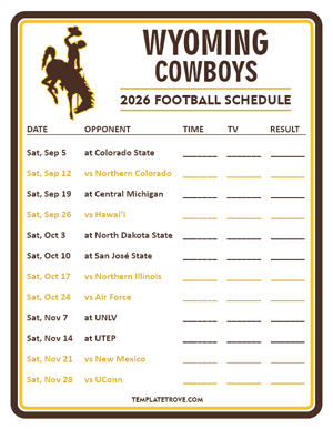 Wyoming Cowboys Football 2026
 Printable Schedule - Style 3