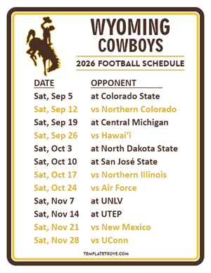 Wyoming Cowboys Football 2026
 Printable Schedule