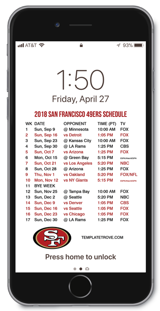 2018 San Francisco 49ers Lock Screen Schedule