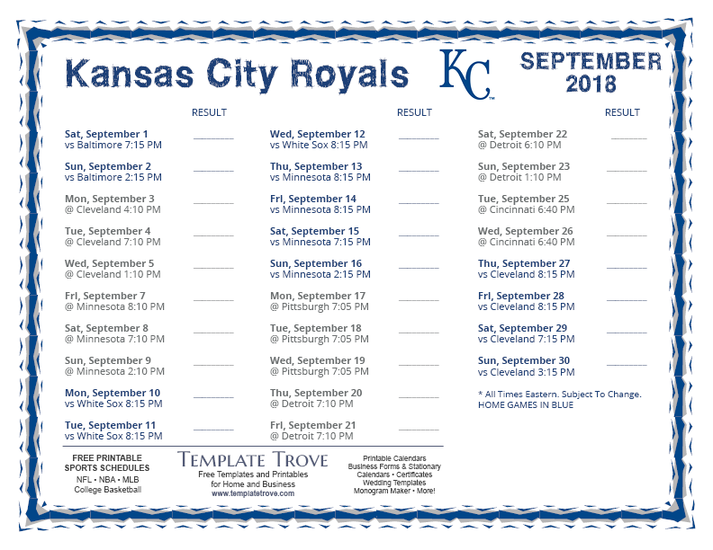 Printable 2018 Kansas City Royals Schedule