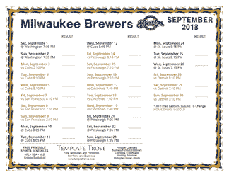 September 2018 Milwaukee Brewers Printable Schedule
