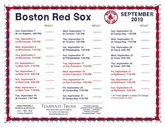 September 2019 Boston Red Sox Printable Schedule