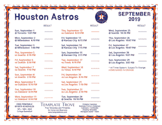 September 2019 Houston Astros Printable Schedule